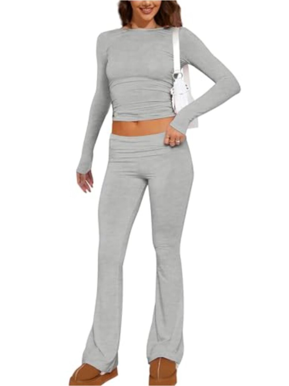 2 Piece Lounge Set Women Long Sleeve Crop Top Flare Leggings Yoga Pajamas